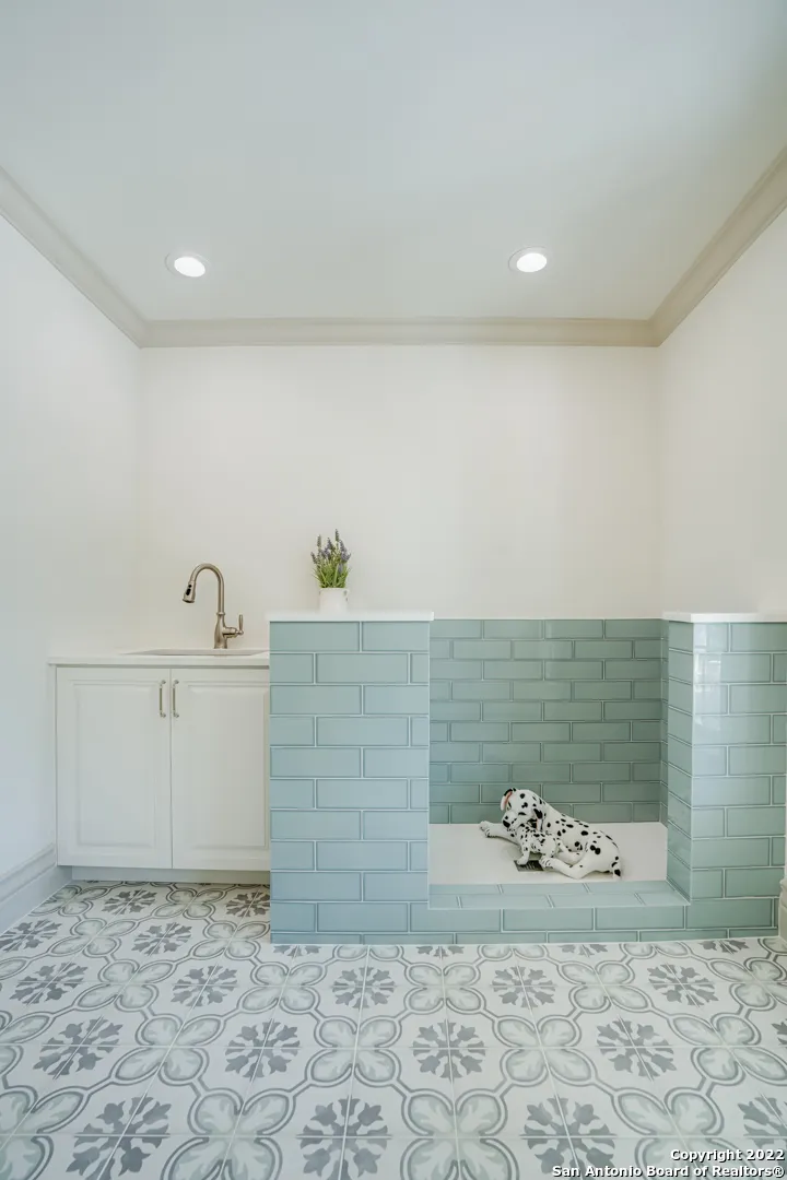 Custom dog bath station remodel with sage subway tile surround, decorative encaustic floor tile, and utility sink in Castle Hills San Antonio TX